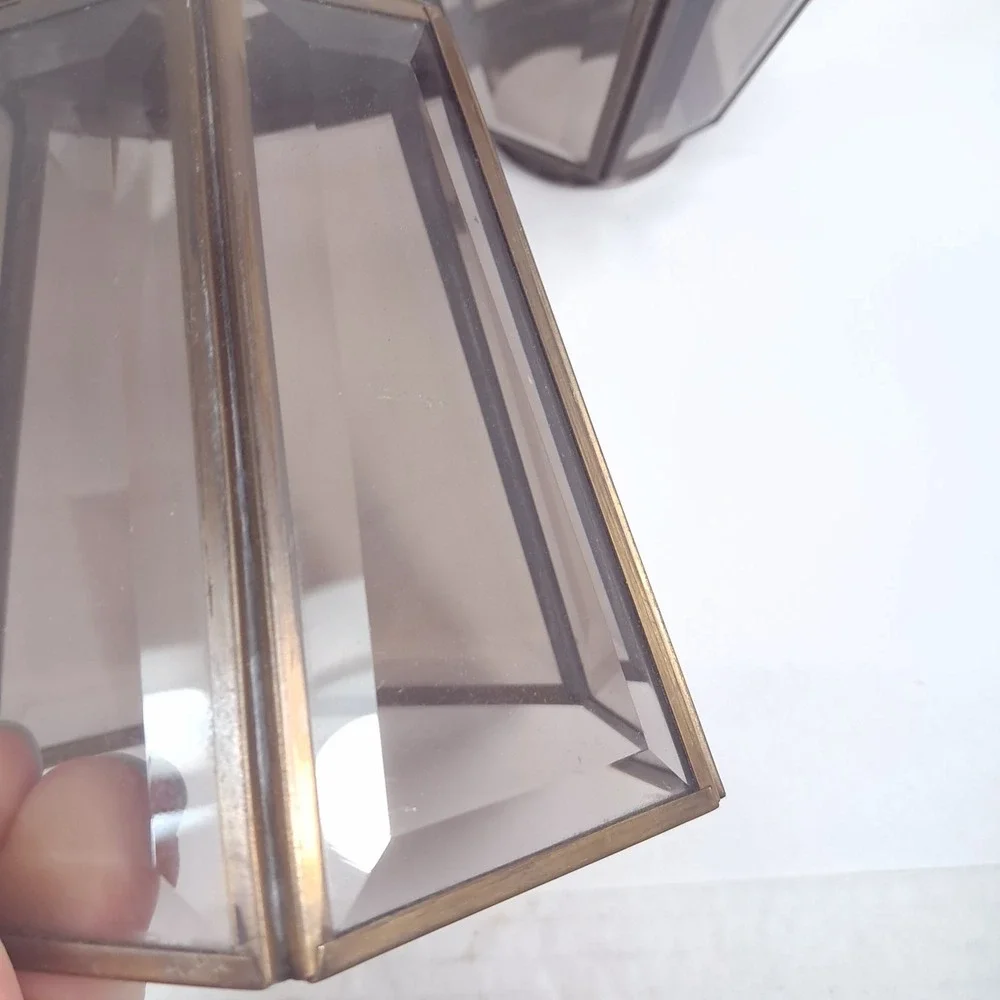 Vintage Smoked Glass Ceiling Fan Light Shades x4 Hexagon Beveled 6 sided brass